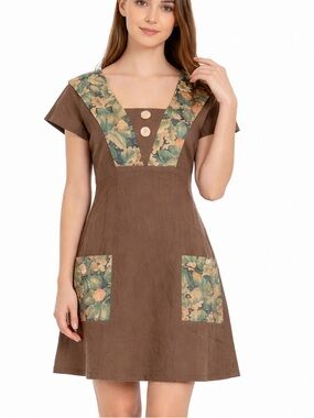 Handmade Dark green/ brown hemp and organic cotton Floral Accent Dress size S/M